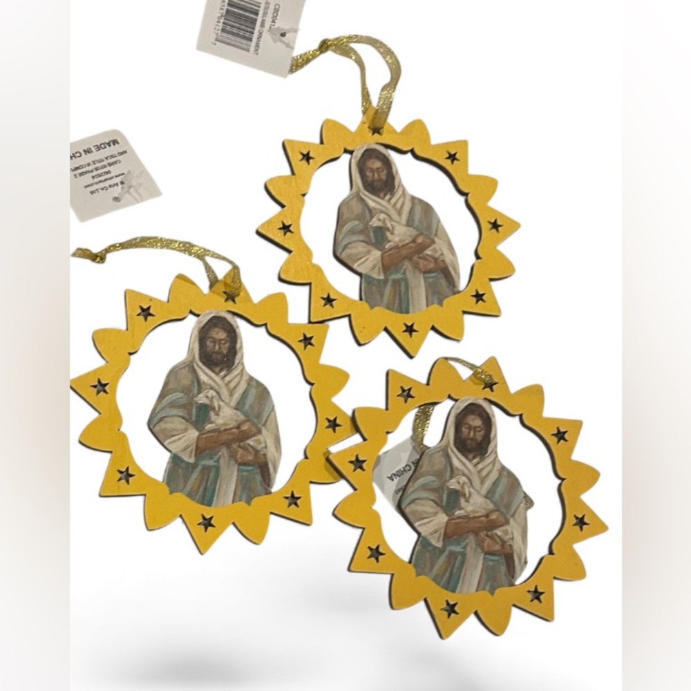 Wood Jesus with lamb Yellow Star-Shaped Holiday Ornaments